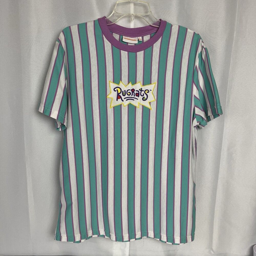 Retro short sleeve L 90s Rugrats Teal Purple Striped Nickelodeon VTG  T-shirt